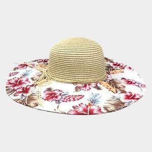 Beige Tropical Flower Floppy Straw Sun Hat Brim Womens Beach Vacation Accessory